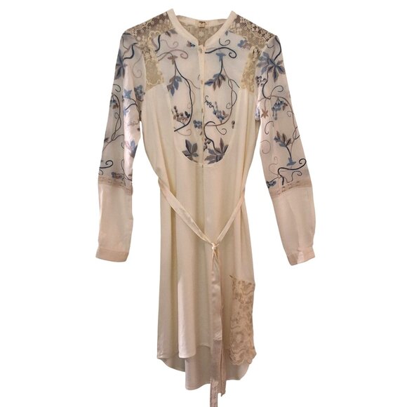 Anthropologie Timy Amarante Embroidered Shirt Dress W/ Metallic Gold Lace & Pear - Picture 3 of 11